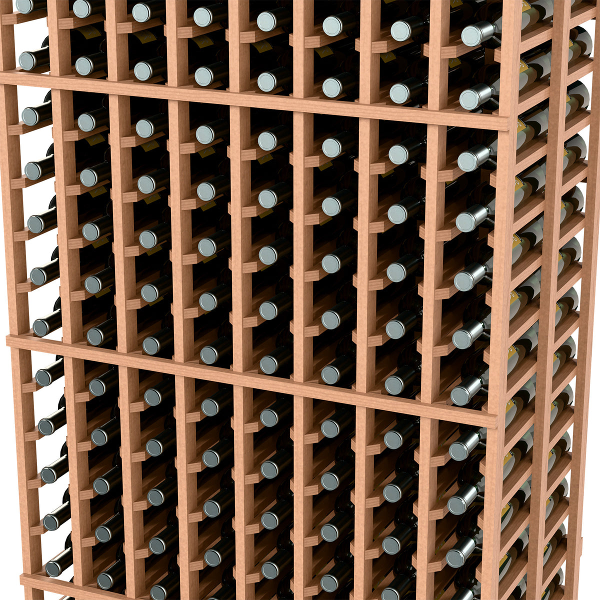 Close-up of brown wine rack with multiple bottle slots in a wooden grid frame