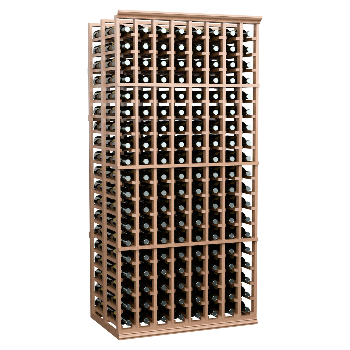 Wood double-depth wine bottle rack with 8 rows, 6 ft tall, front view of grid slots