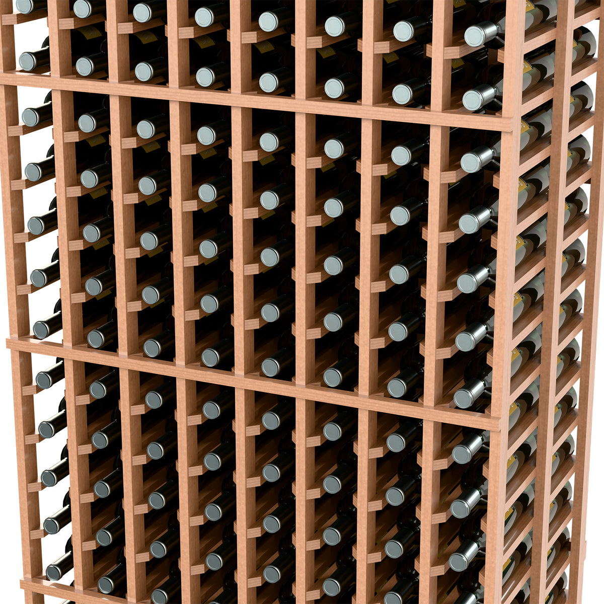 Wood wine bottle rack with open lattice shelves, showing bottle-cap ends and rows
