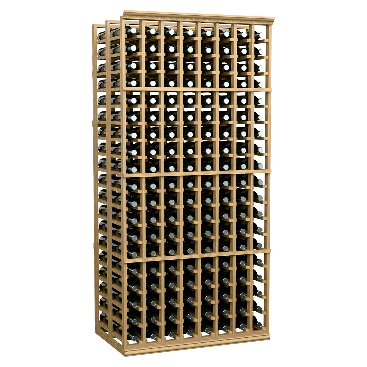 Wood double-depth wine bottle rack, 8-row grid with bottle slots, full front view