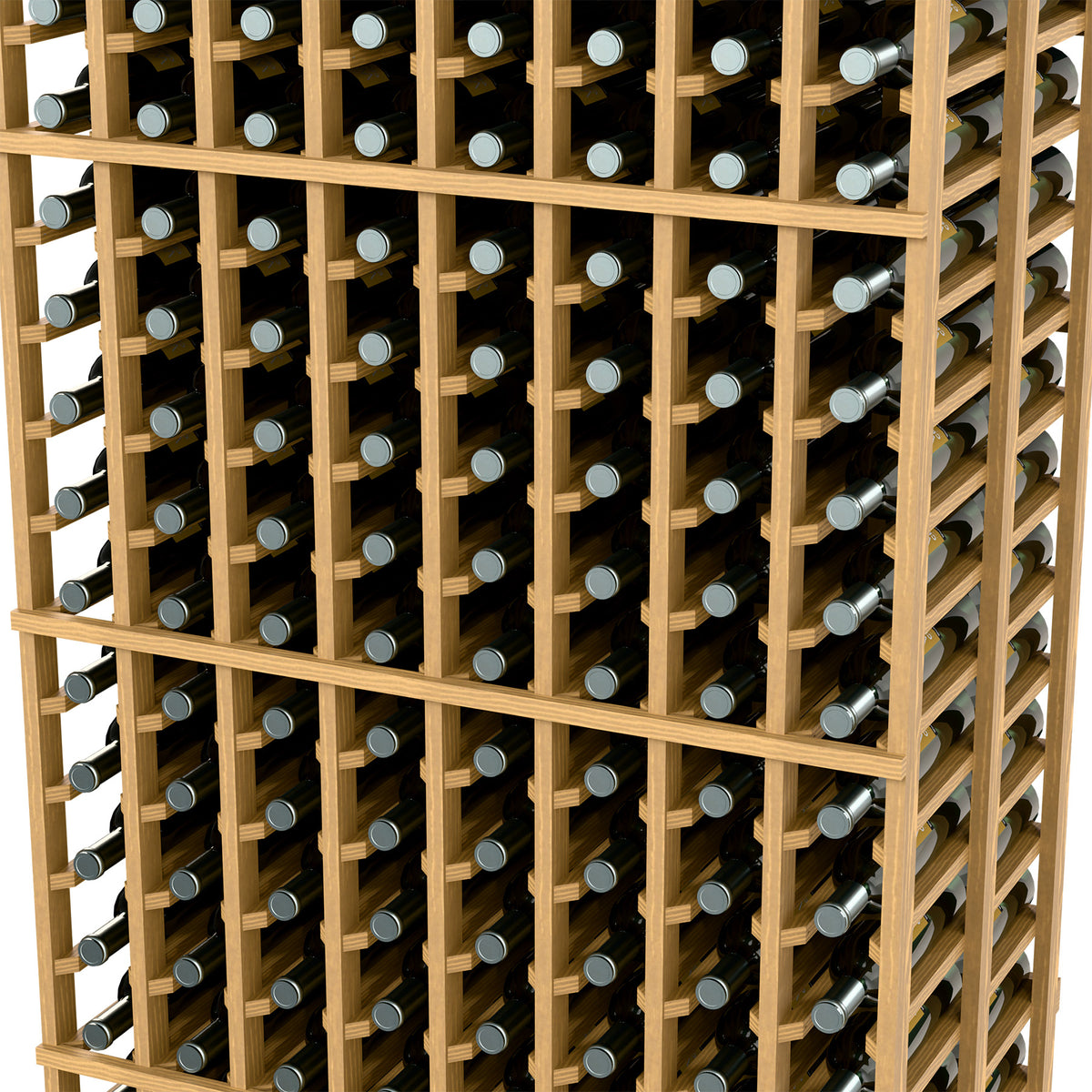 Wood wine bottle rack side view with grid shelves and bottle slots in depth