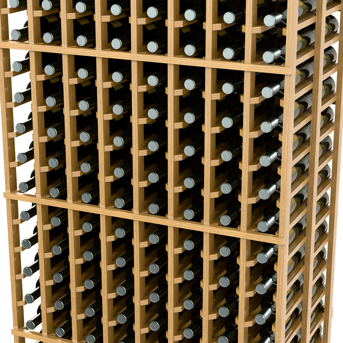 Wood double-depth wine bottle rack close-up of lattice shelves and bottle slots