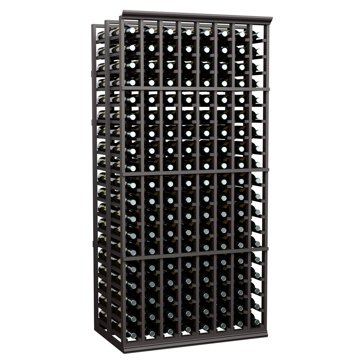 Black double-depth wine bottle rack with 8-row grid, bottle slots visible from front