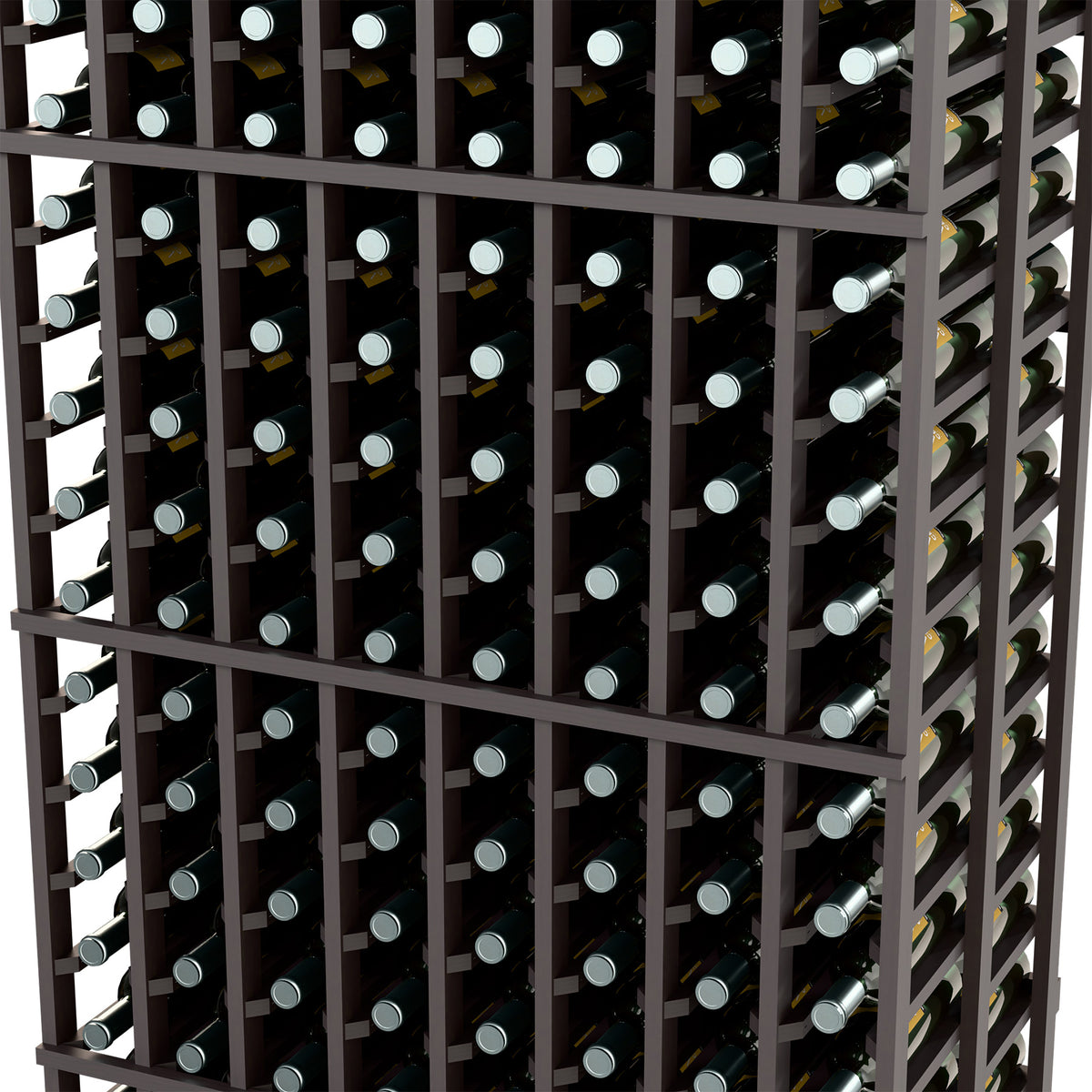 Black wine bottle rack close-up showing bottle-cap ends in the grid compartments