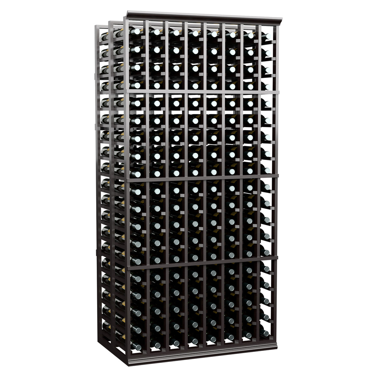 Black wine bottle rack, 8-row double-depth grid with bottle storage, front view