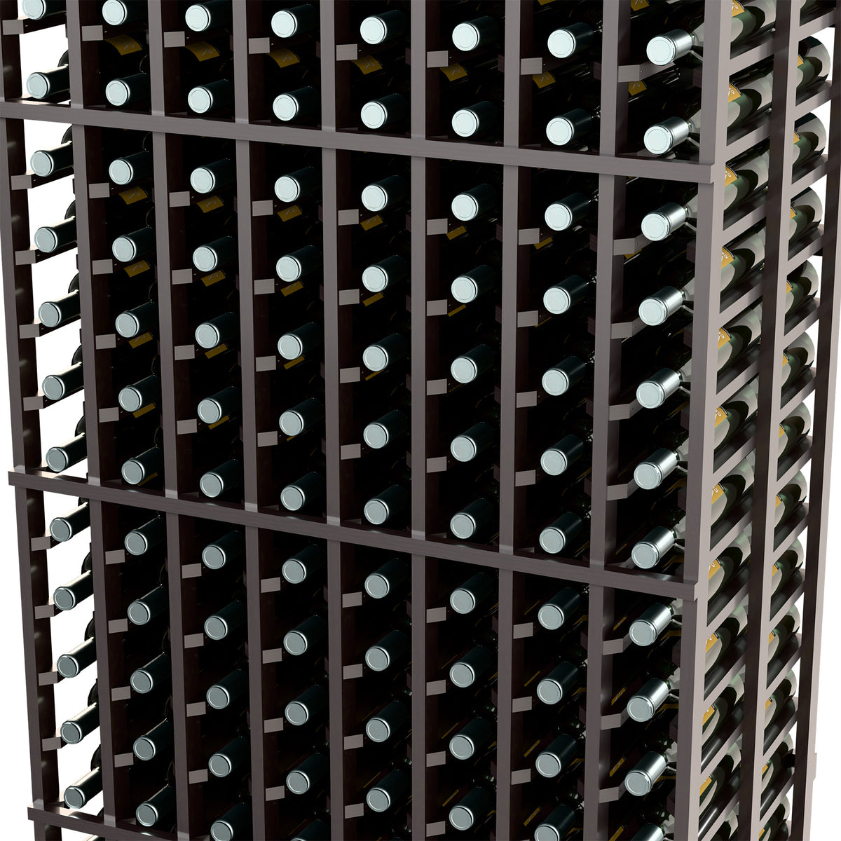 Black double-depth wine bottle rack side view with grid shelves and bottle slots