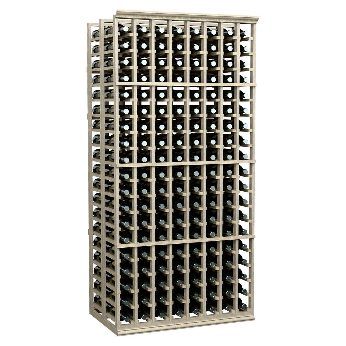 8-column double-deep wine rack with light wood frame and multiple bottle slots