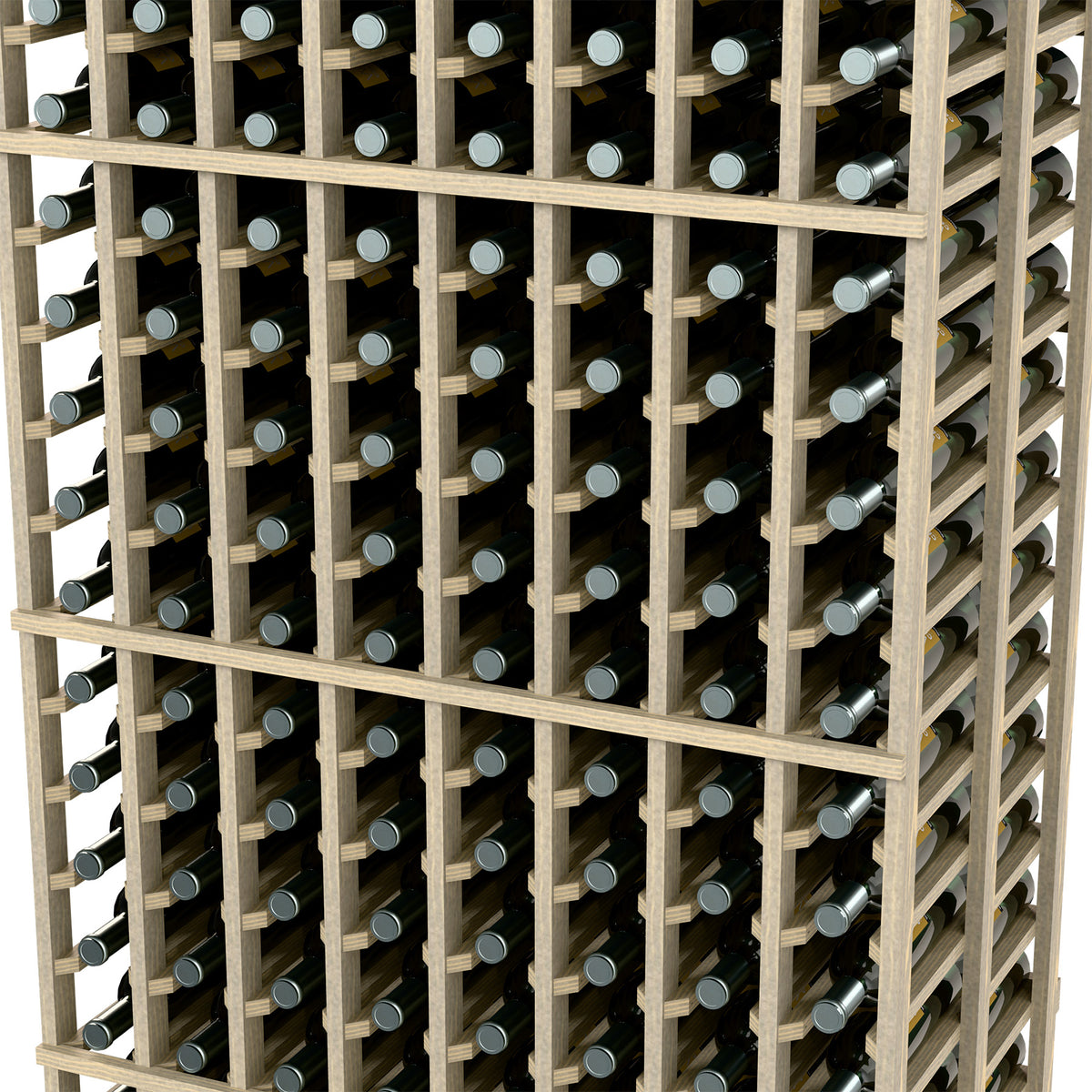 Close-up of light wood wine rack grid with bottle holders in rows