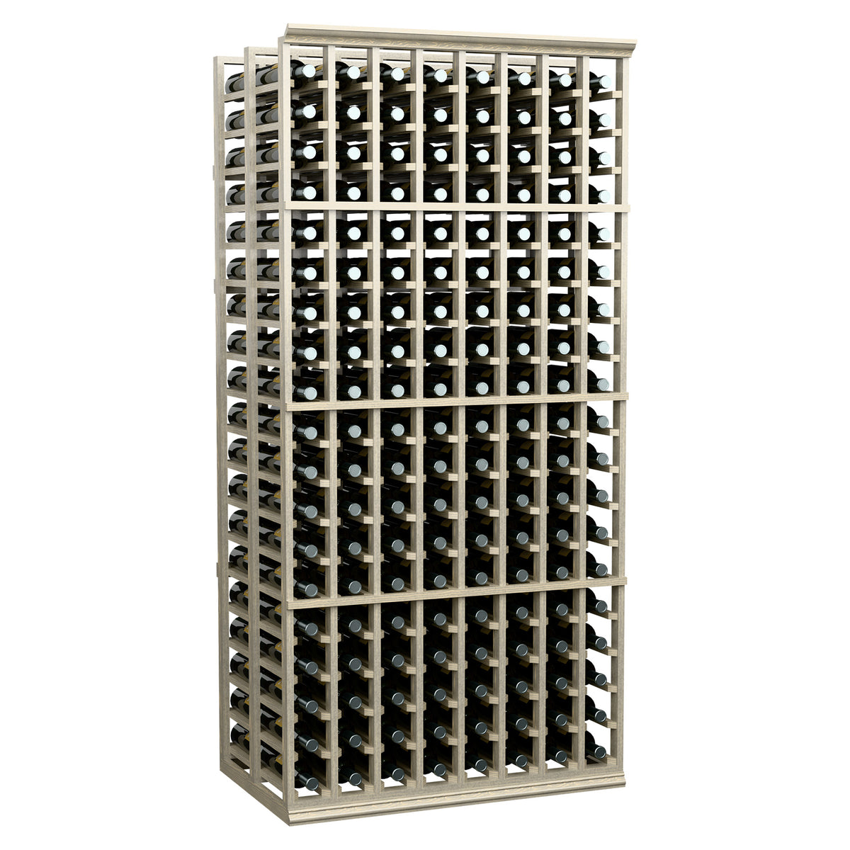 Front view of 8-column double-deep wine rack with light frame and bottle slots