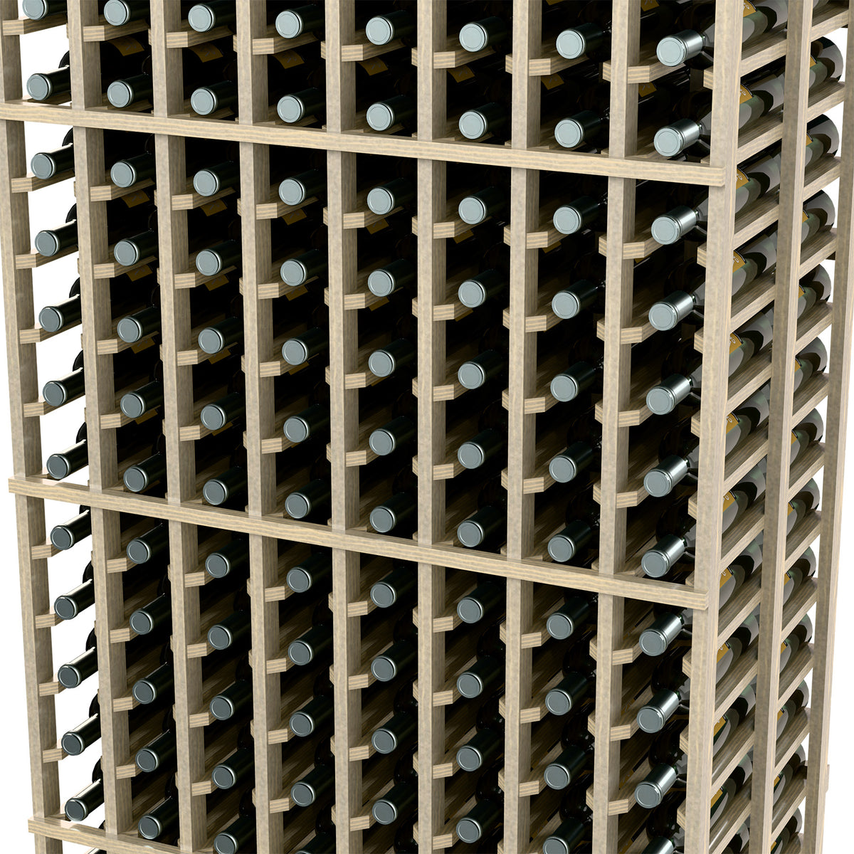 Close-up of light wood wine rack frame showing bottle holders across the grid