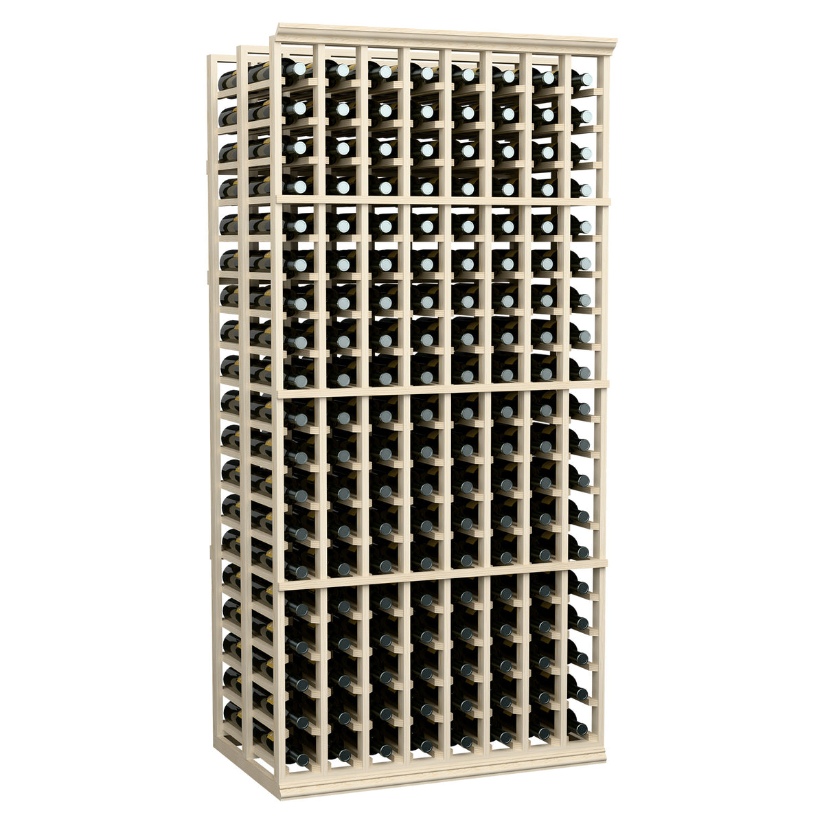 8-column double-deep wine rack front view with light wood frame and bottle rows
