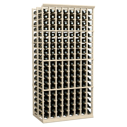 8-column double-deep wine rack front view with light wood frame and bottle rows