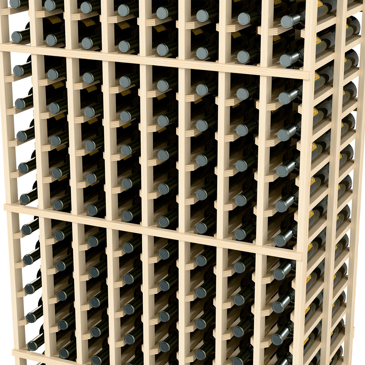 Close-up of light wood wine rack with bottle holders set into vertical columns