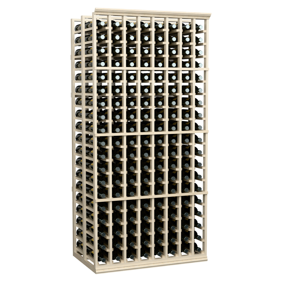 Front view of 8-column double-deep wine rack with light frame and dark bottle wells