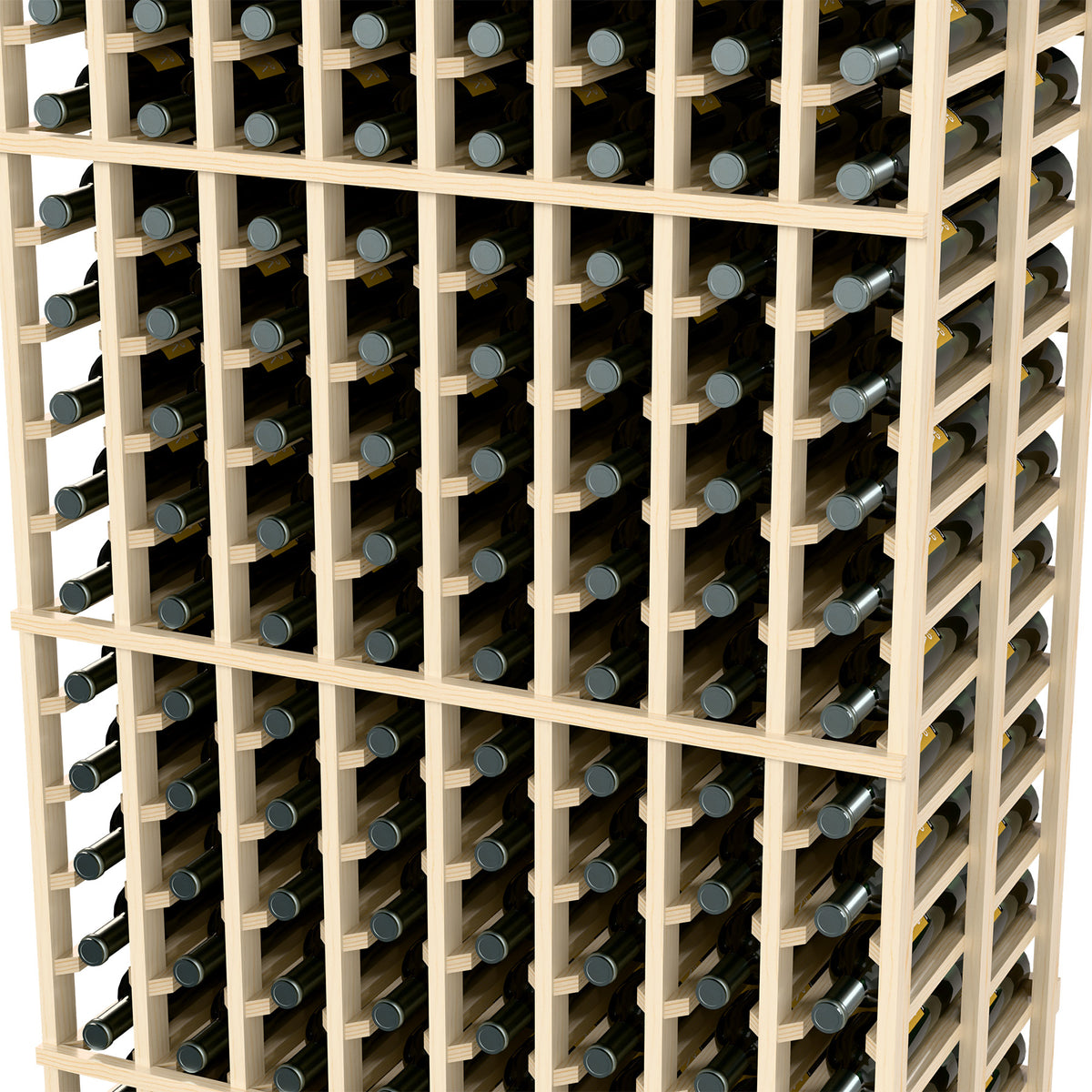 Close-up of light wood wine rack grid with bottle holders in multiple rows