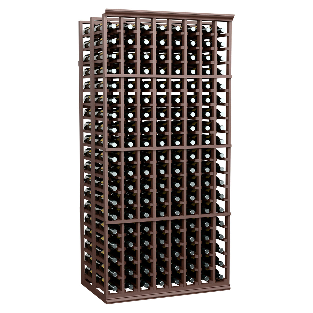 Front view of 8-column double-deep wine rack with dark brown frame and bottle slots