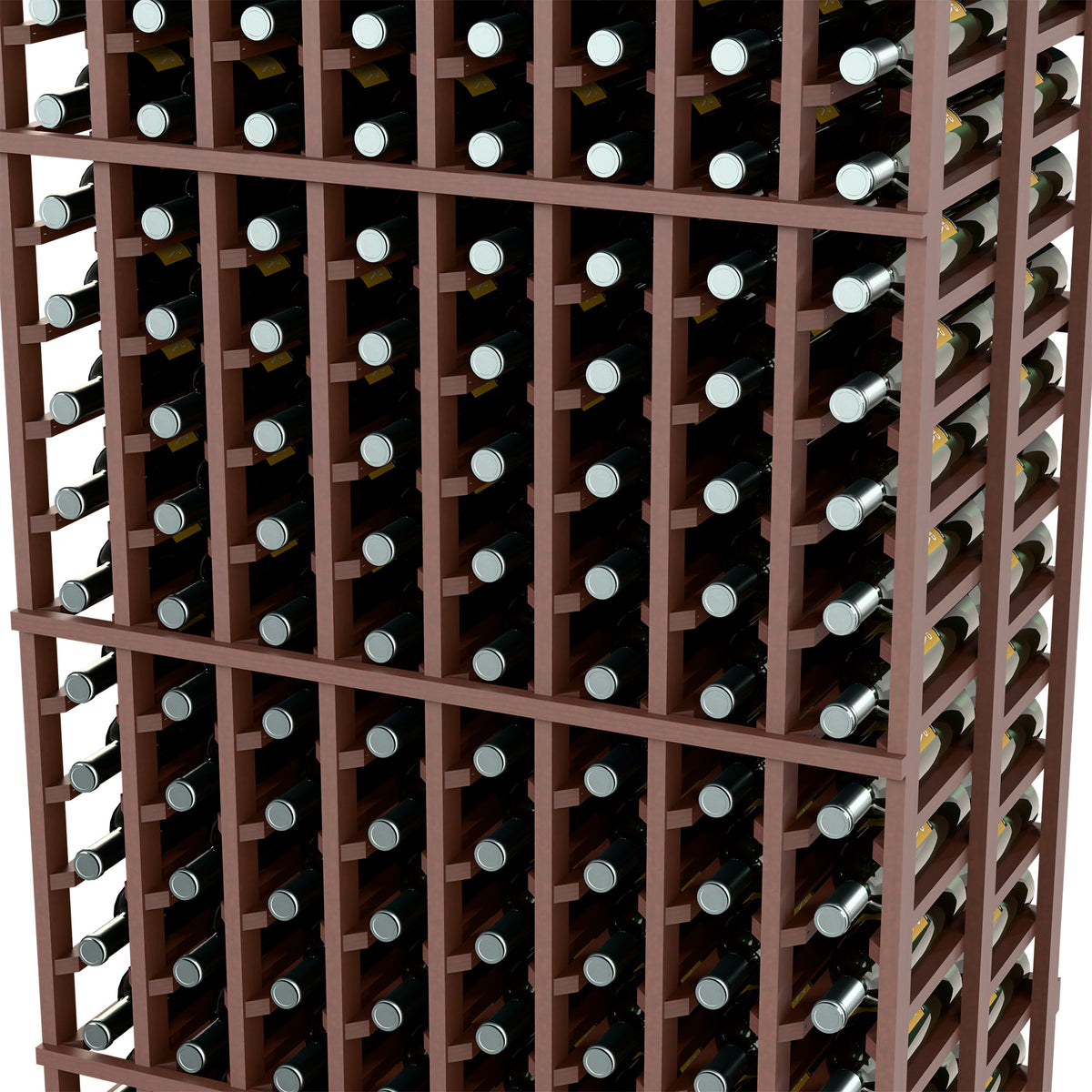 Close-up of dark brown wine rack frame with bottle holders in a tight grid