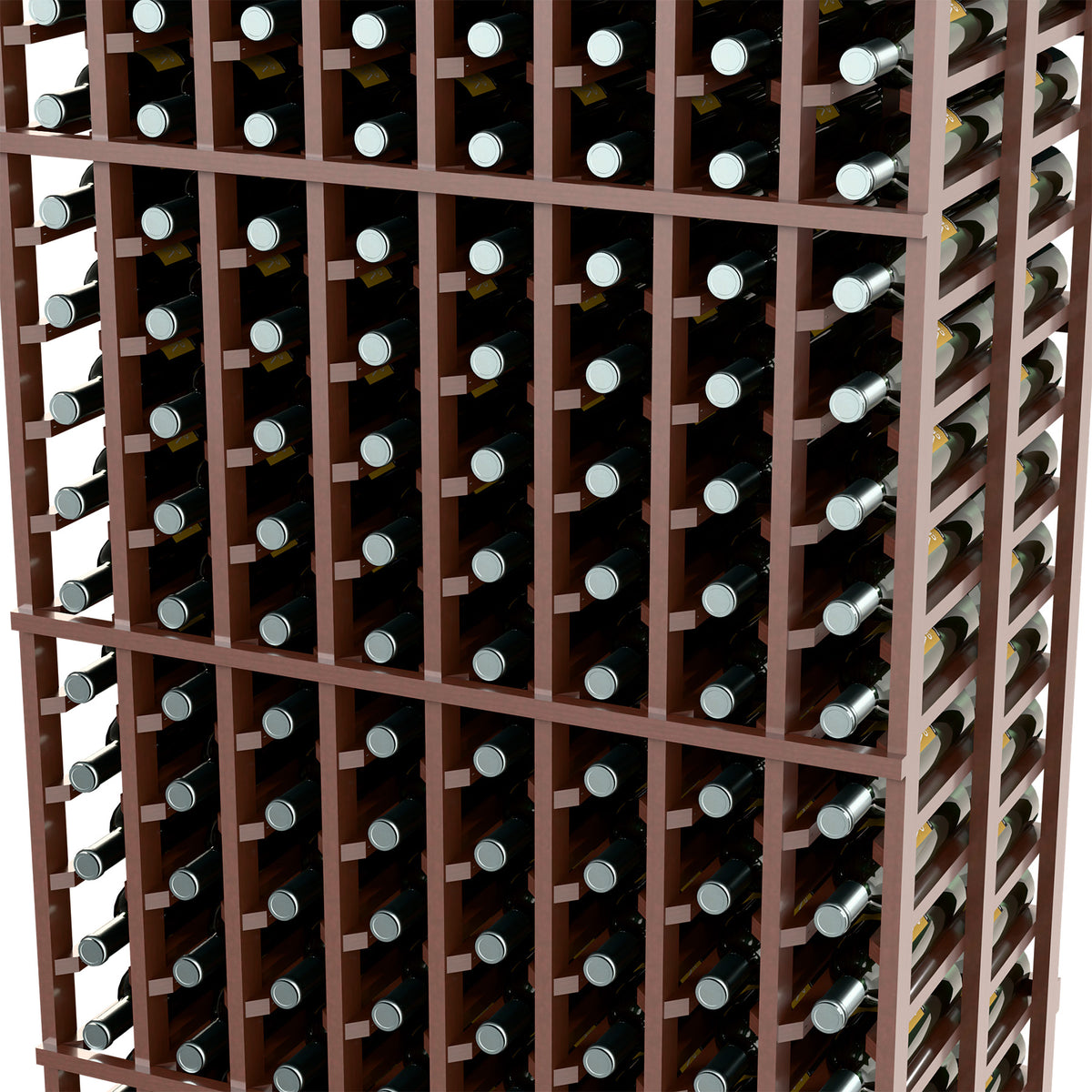 Close-up of dark wood wine rack grid holding wine bottles with silver caps