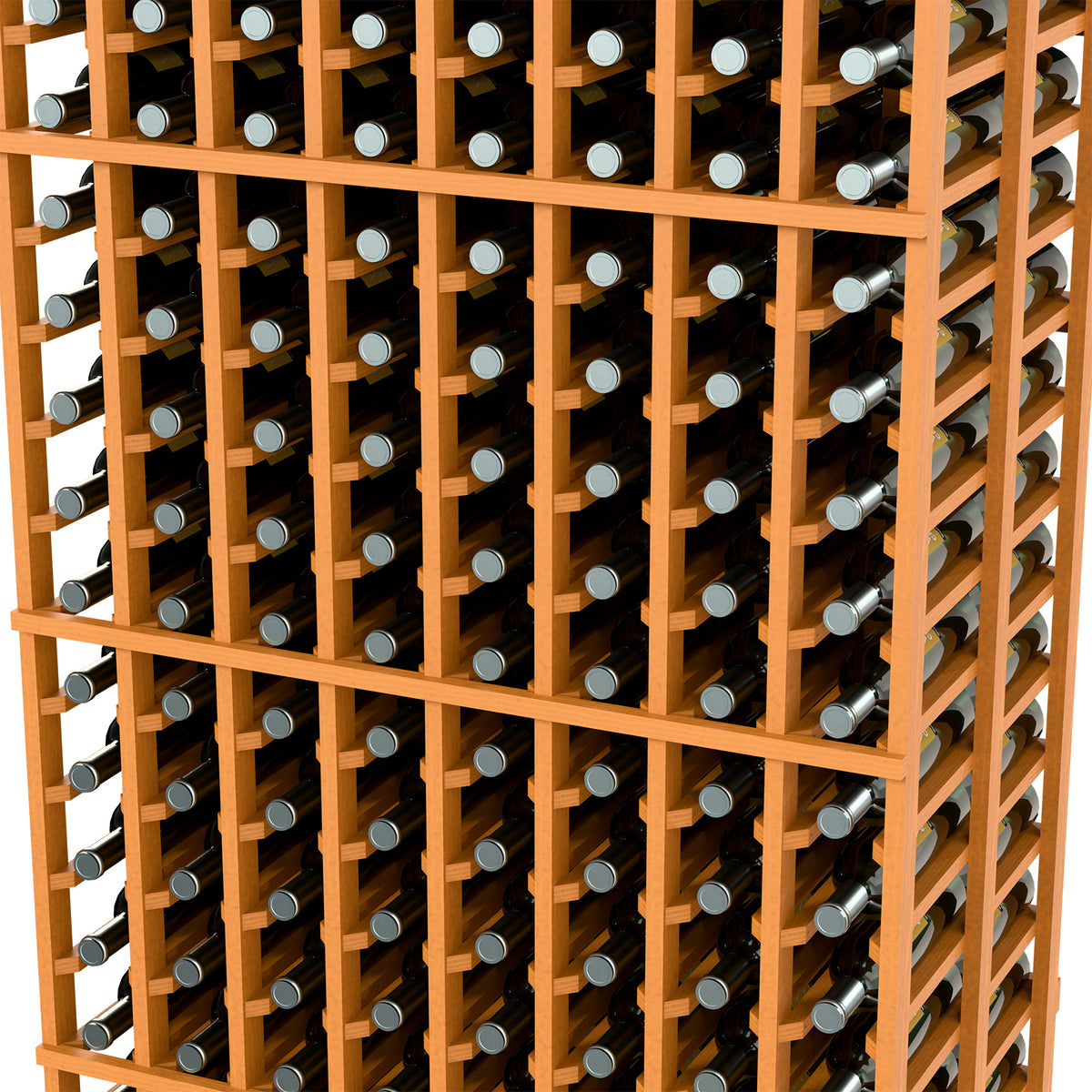 Close-up of light wood wine rack grid holding wine bottles with silver caps