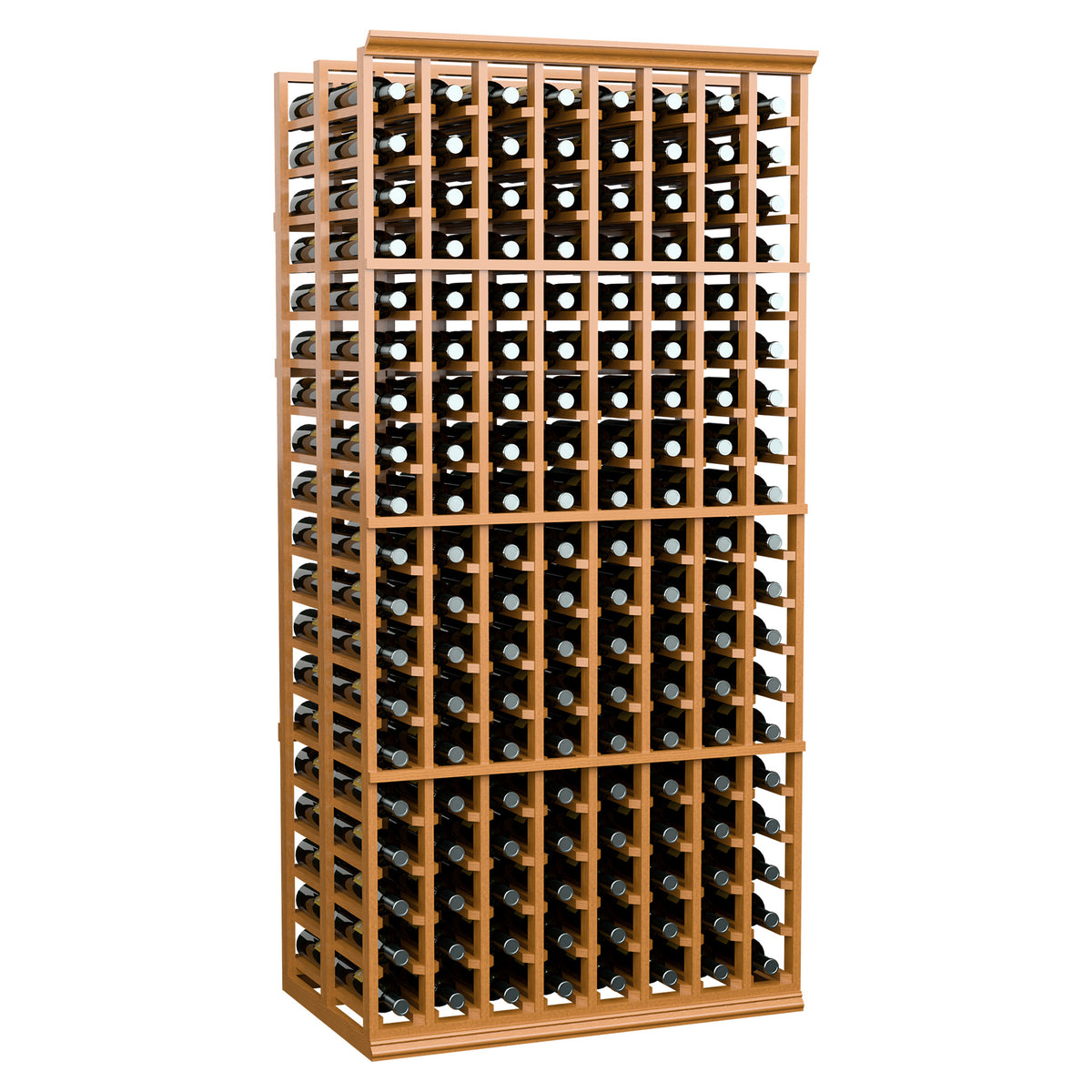 8-column double-deep wine rack with warm wood frame and rows of wine bottles