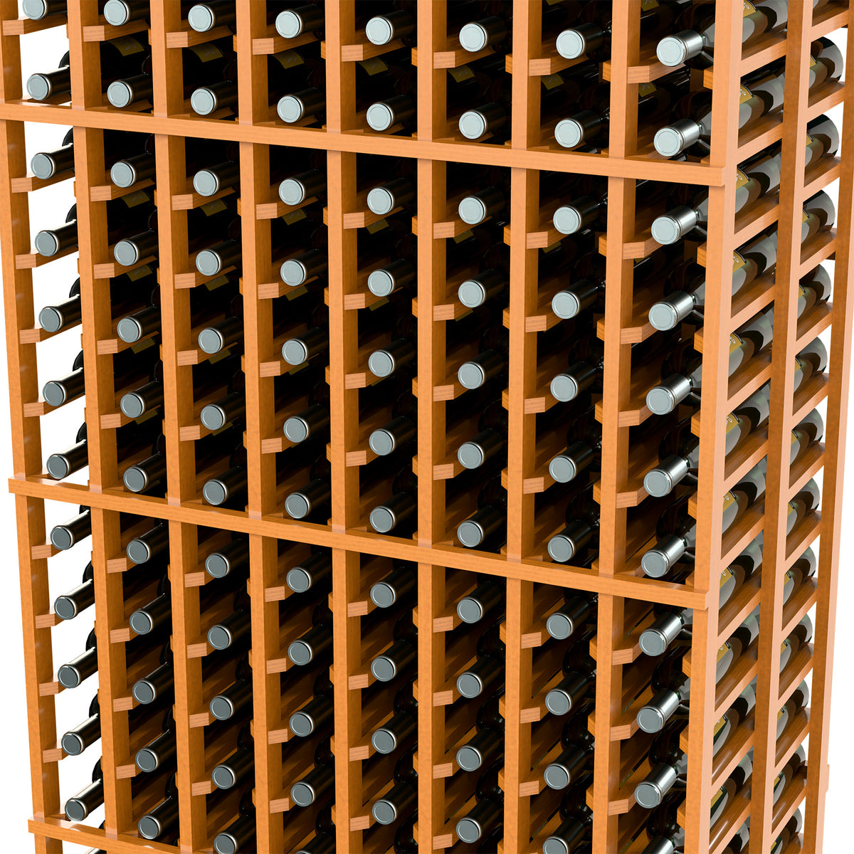 Close-up of warm wood wine rack grid holding wine bottles with silver caps