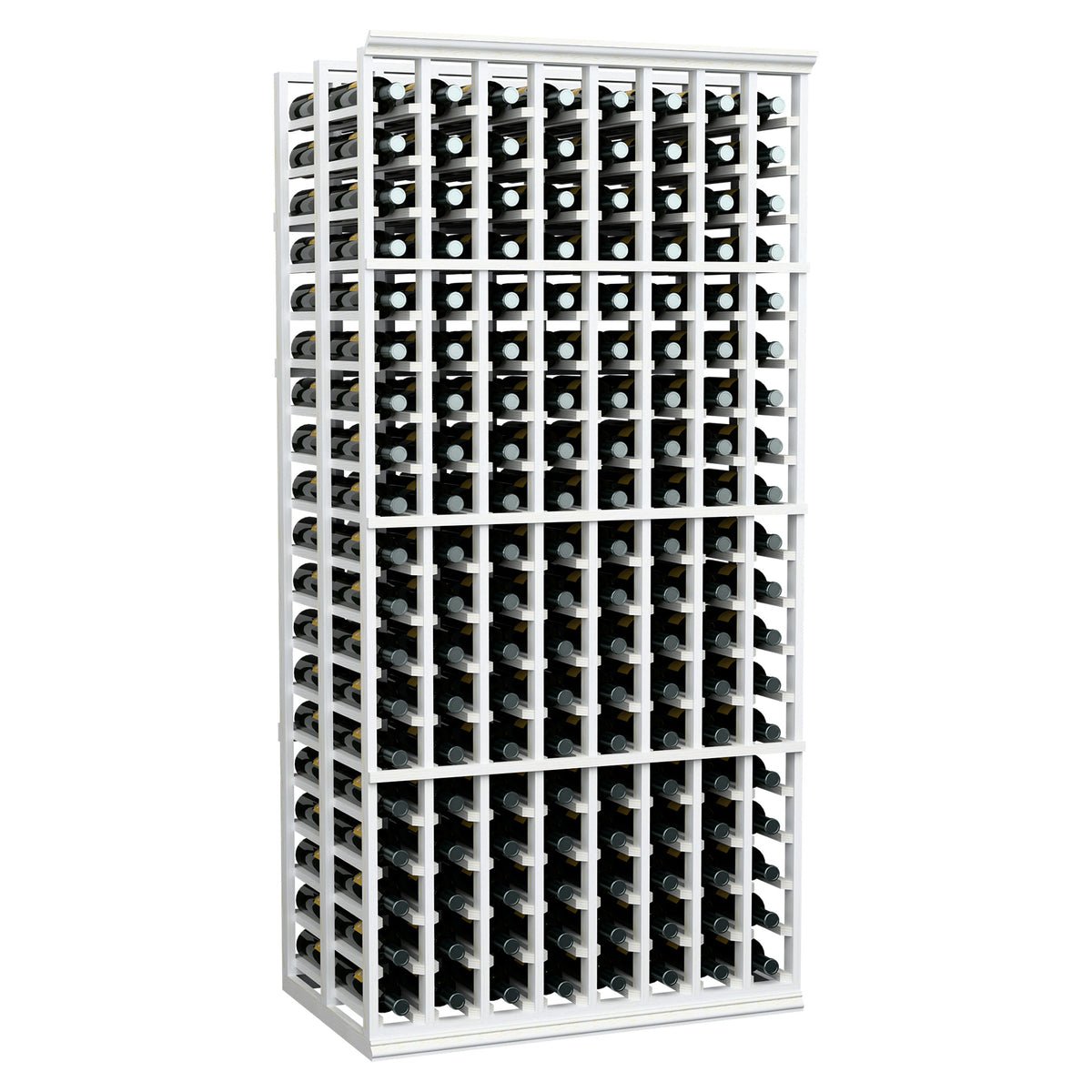 8-column double-deep wine rack with white frame and rows of wine bottles