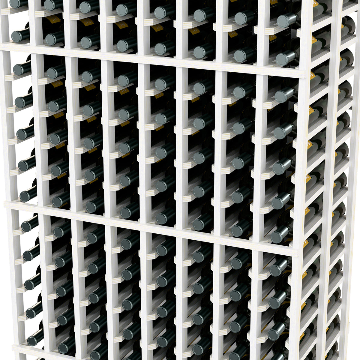 Close-up of white wine rack grid holding wine bottles with silver caps