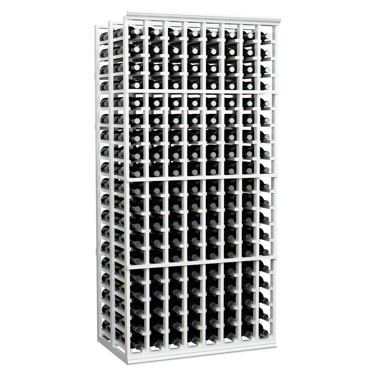 8-column double-deep wine rack with white frame and densely packed wine bottles