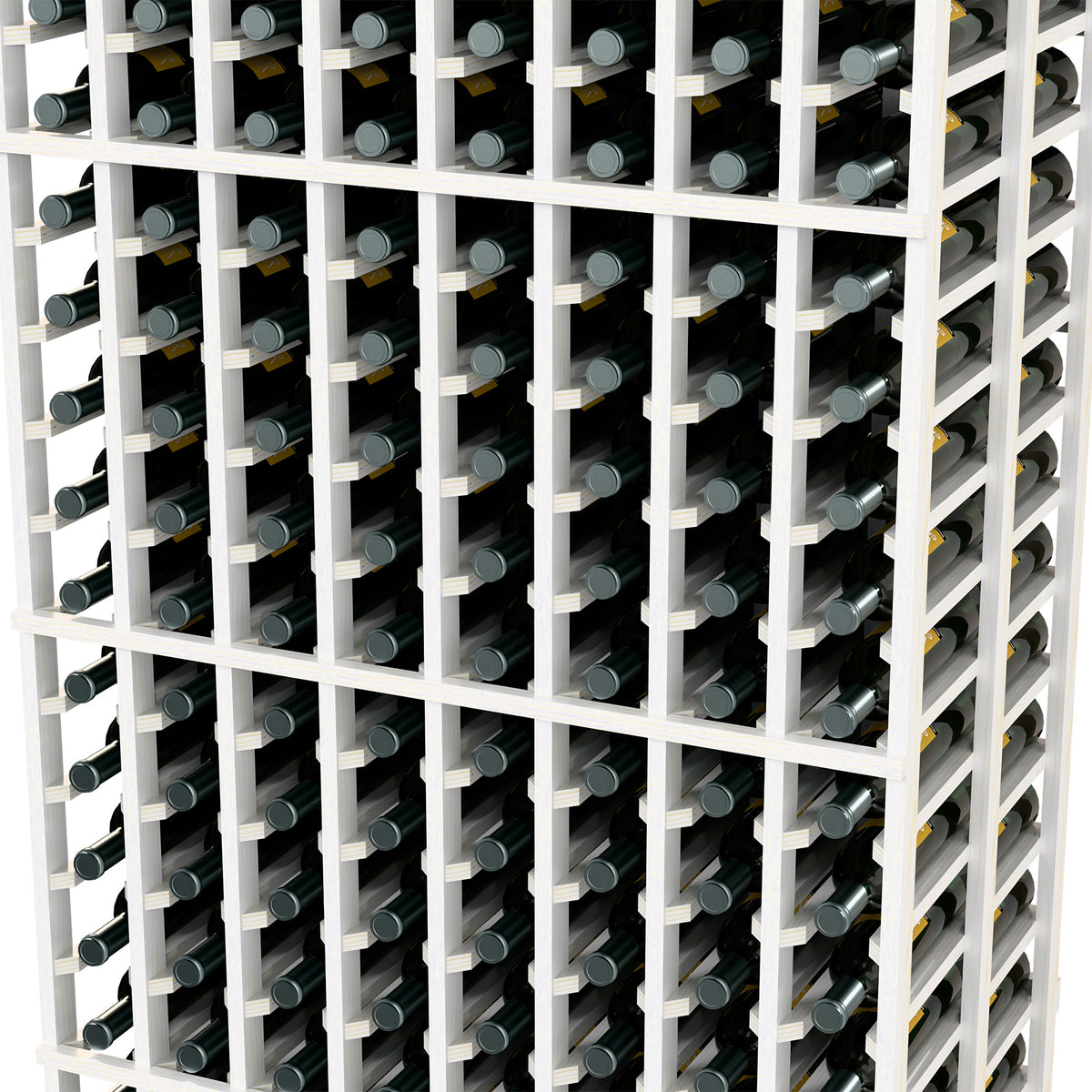 Close-up of white wine rack grid with multiple bottle rows and silver caps