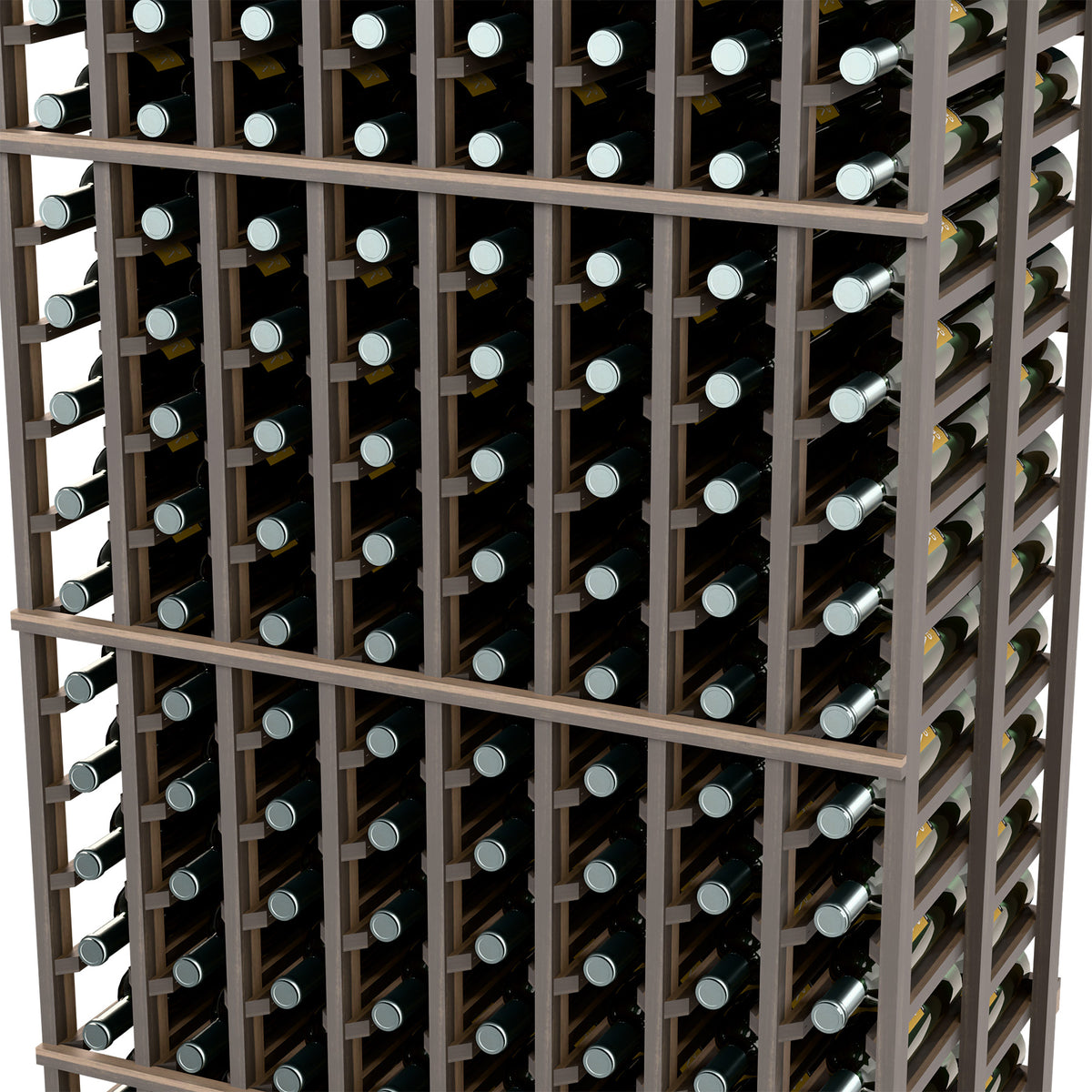 Close-up of dark wine rack columns with round bottle openings and metal grid bars
