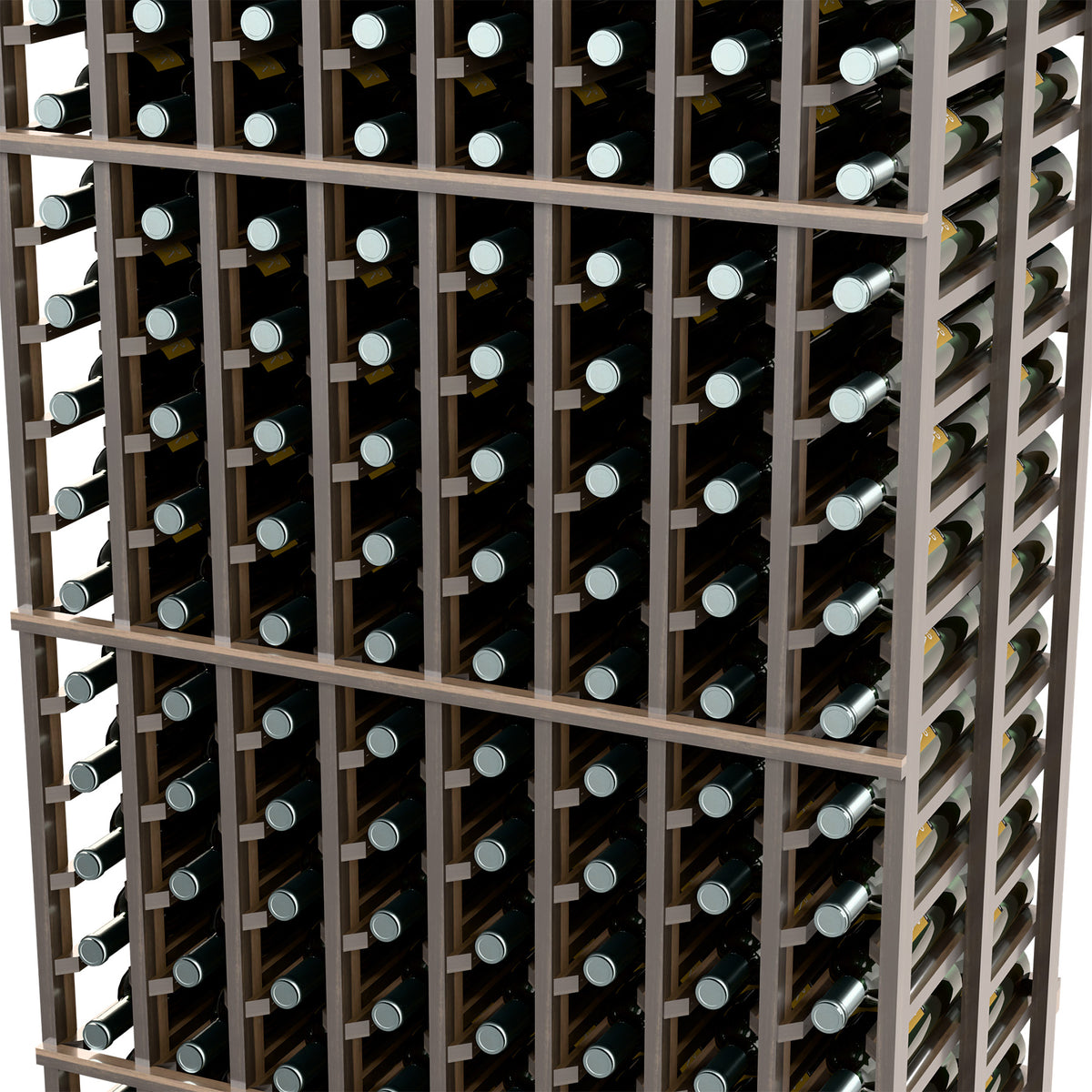 Close-up of dark wine rack with vertical dividers and circular bottle slots