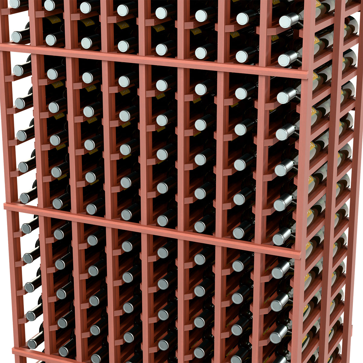 Close-up of warm brown wine rack columns with circular bottle openings and rails