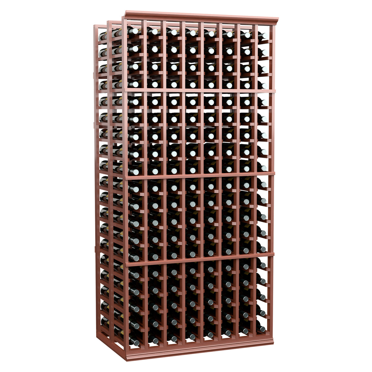 8-column double-deep wine bottle rack, 6 ft, warm brown frame holding bottles