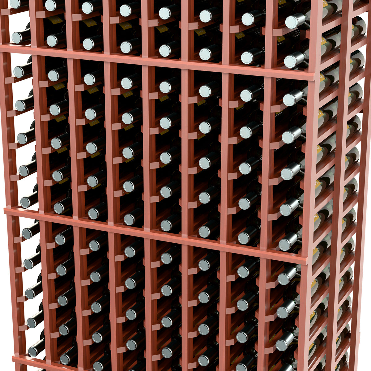 Close-up of warm brown wine rack dividers with bottle slots and horizontal supports