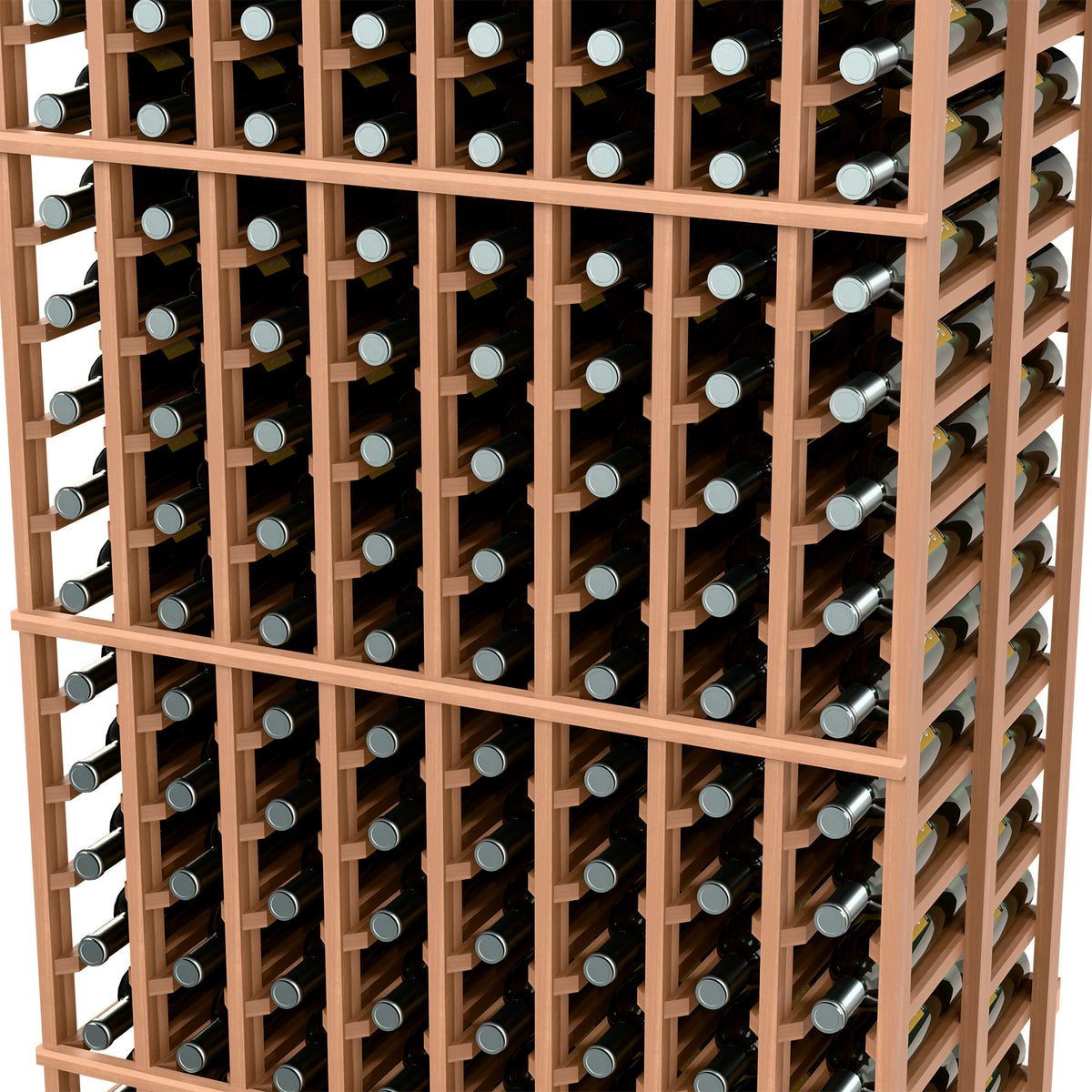 Close-up of light brown wine rack with vertical dividers and circular bottle openings