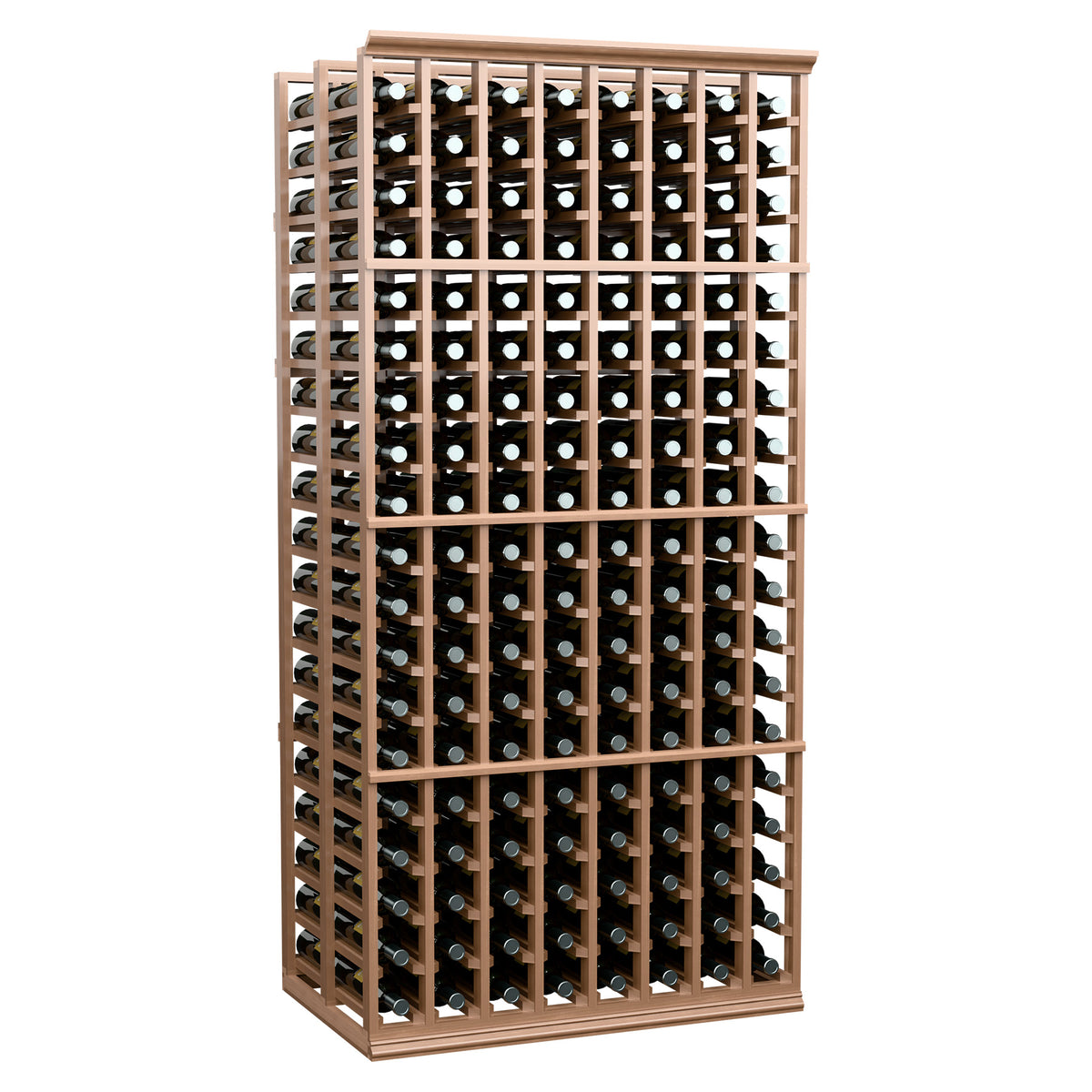 8 column wine rack with two rows, light wood frame and many bottle slots