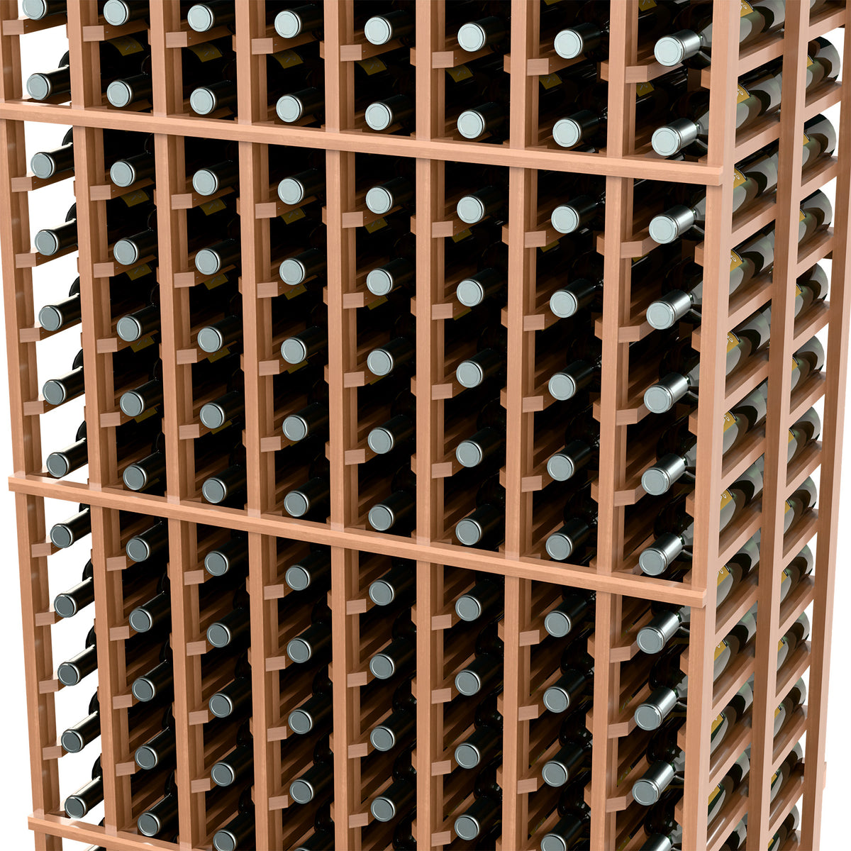 8 column double-deep wine rack close-up showing light wood dividers and bottle slots