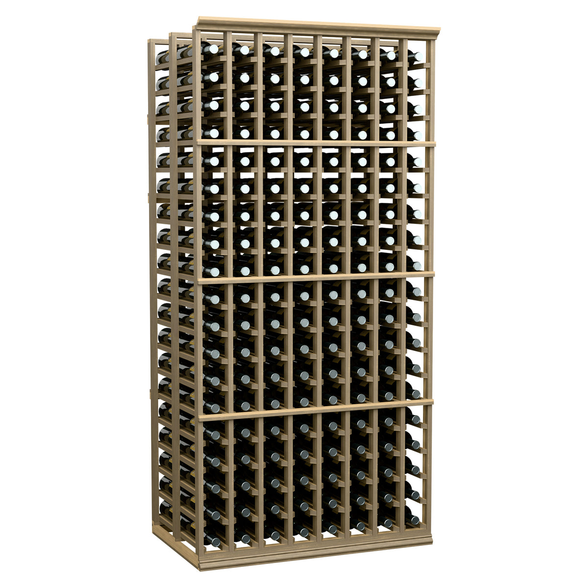 8 column double-deep wine rack with light wood frame and full grid of bottle holes