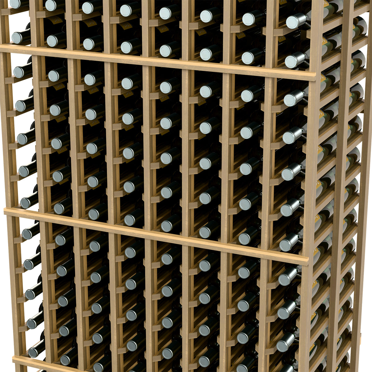 8 column double-deep wine rack side view with light wood posts and bottle capacity grid