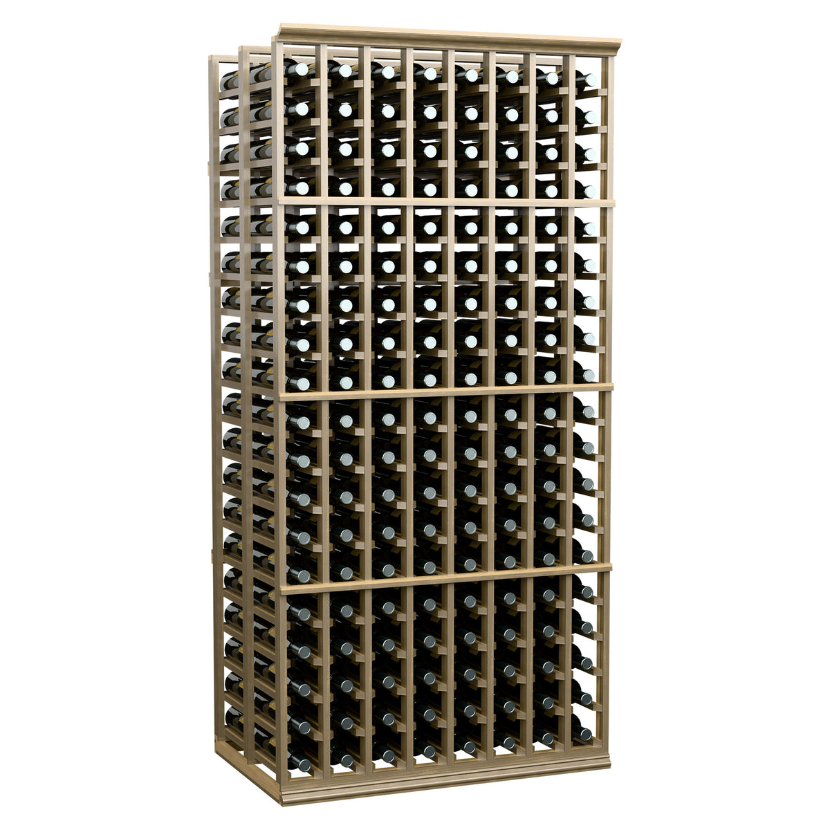 8 column wine rack display with light wood frame and tightly spaced bottle compartments