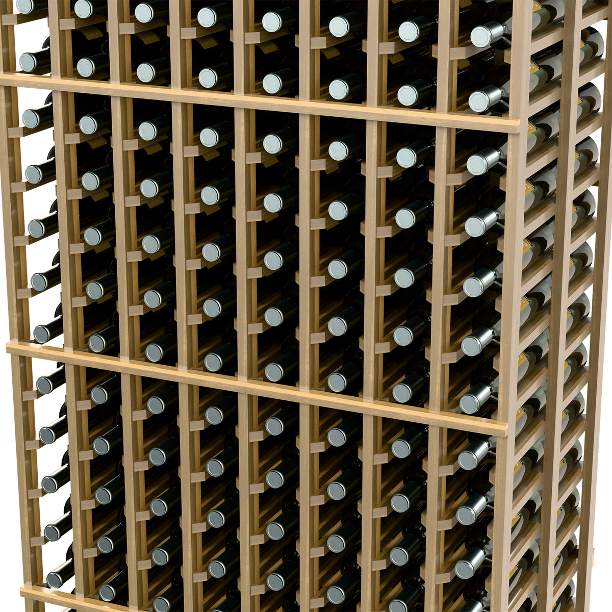 8 column double-deep wine rack close-up with light wood frame and bottle slots