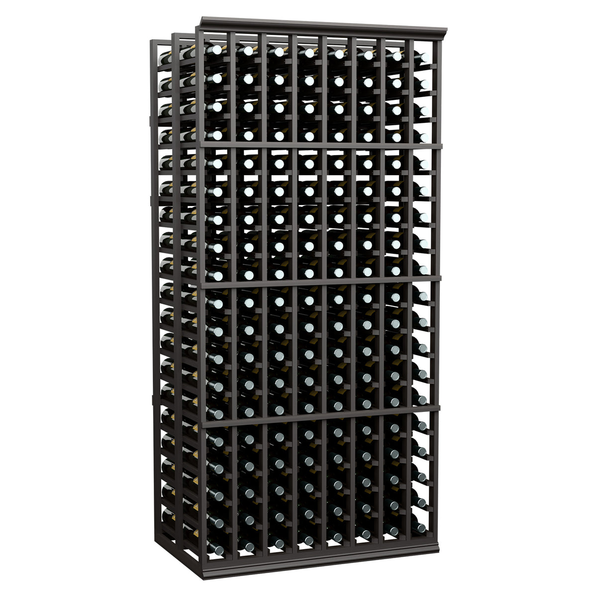 8 column double-deep wine rack with dark wood frame and grid of bottle slots