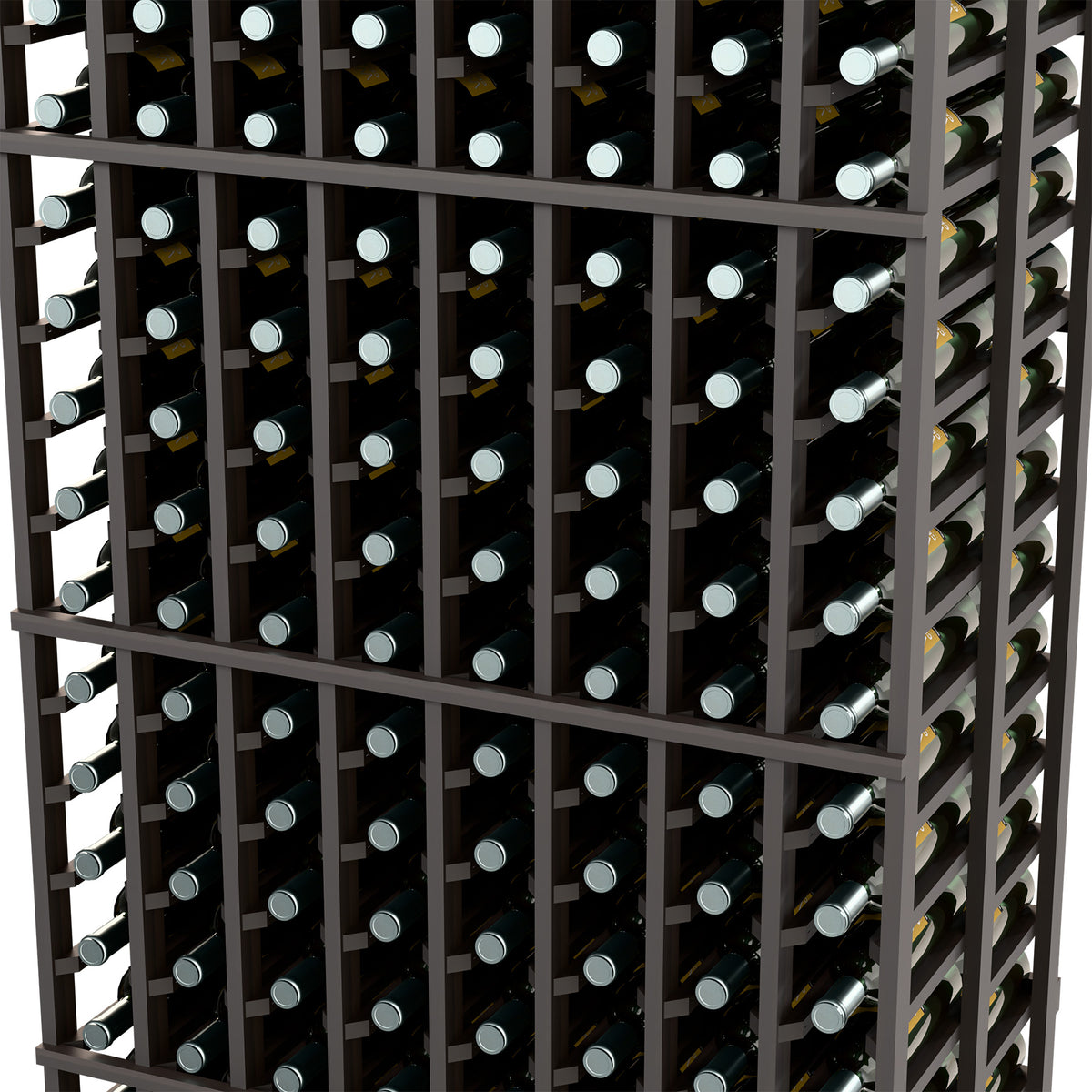8 column double-deep wine rack close-up showing dark frame bars and bottle slots