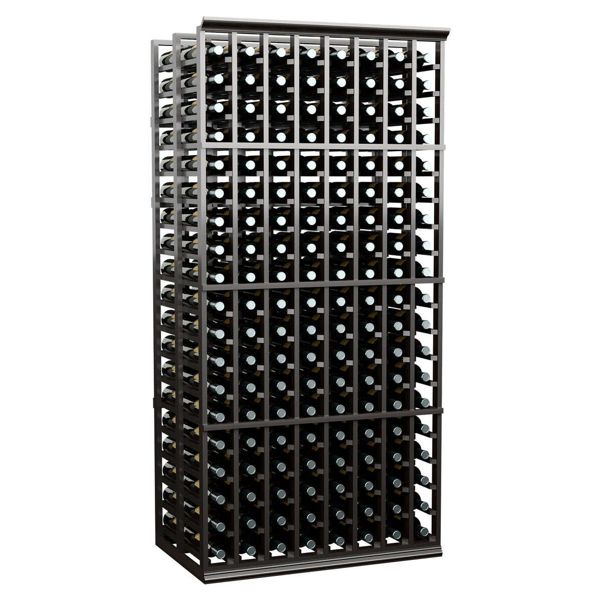 8 column wine rack with dark wood frame and multiple rows of bottle compartments
