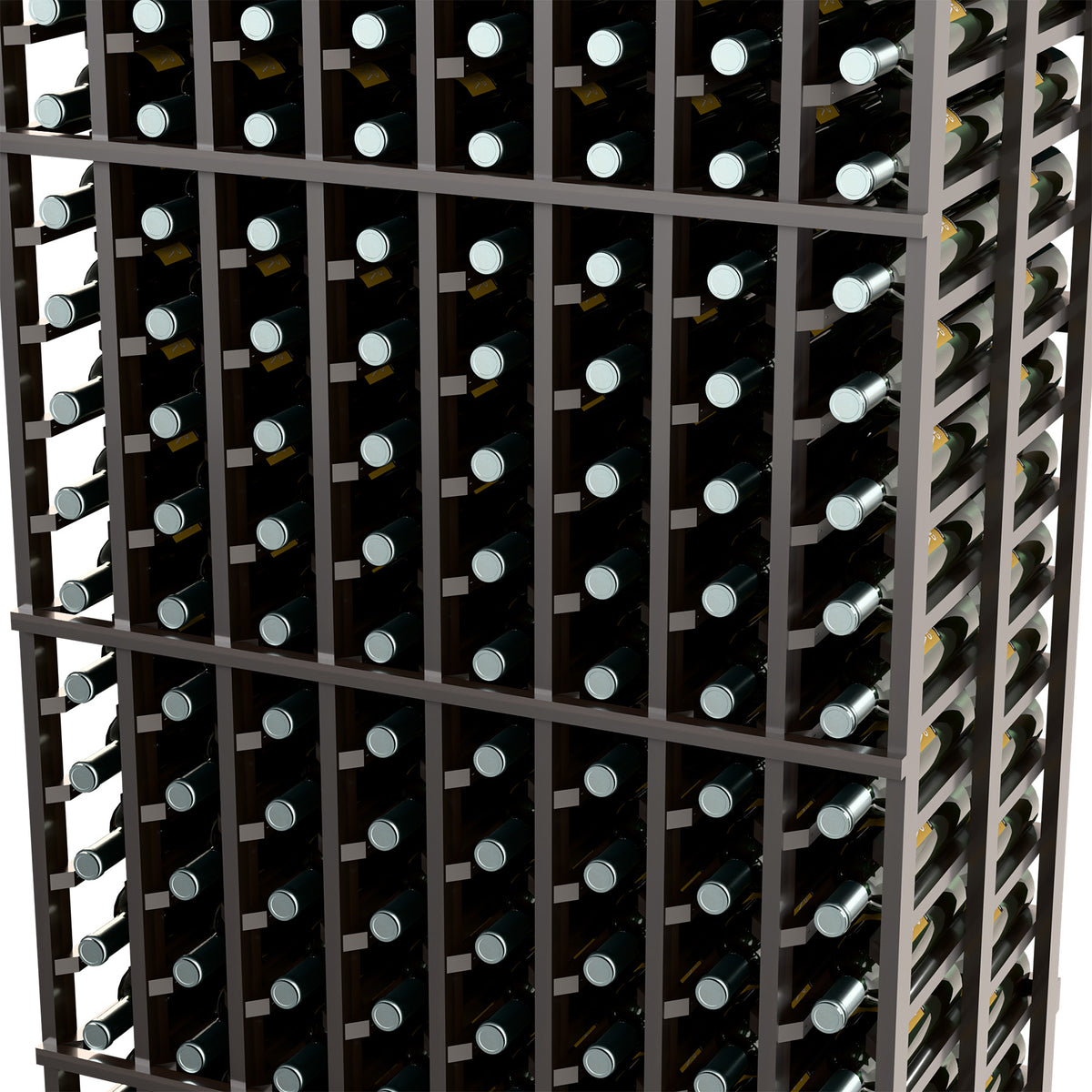 8 column double-deep wine rack side view with dark wood posts and bottle slots