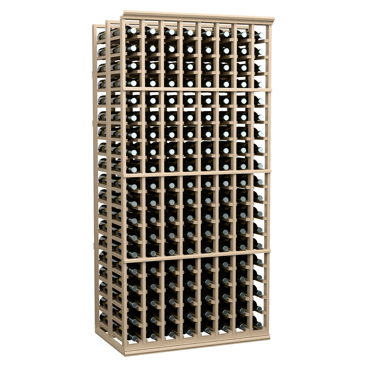 Wood double-deep wine bottle rack with 8 columns and grid supports for bottles.
