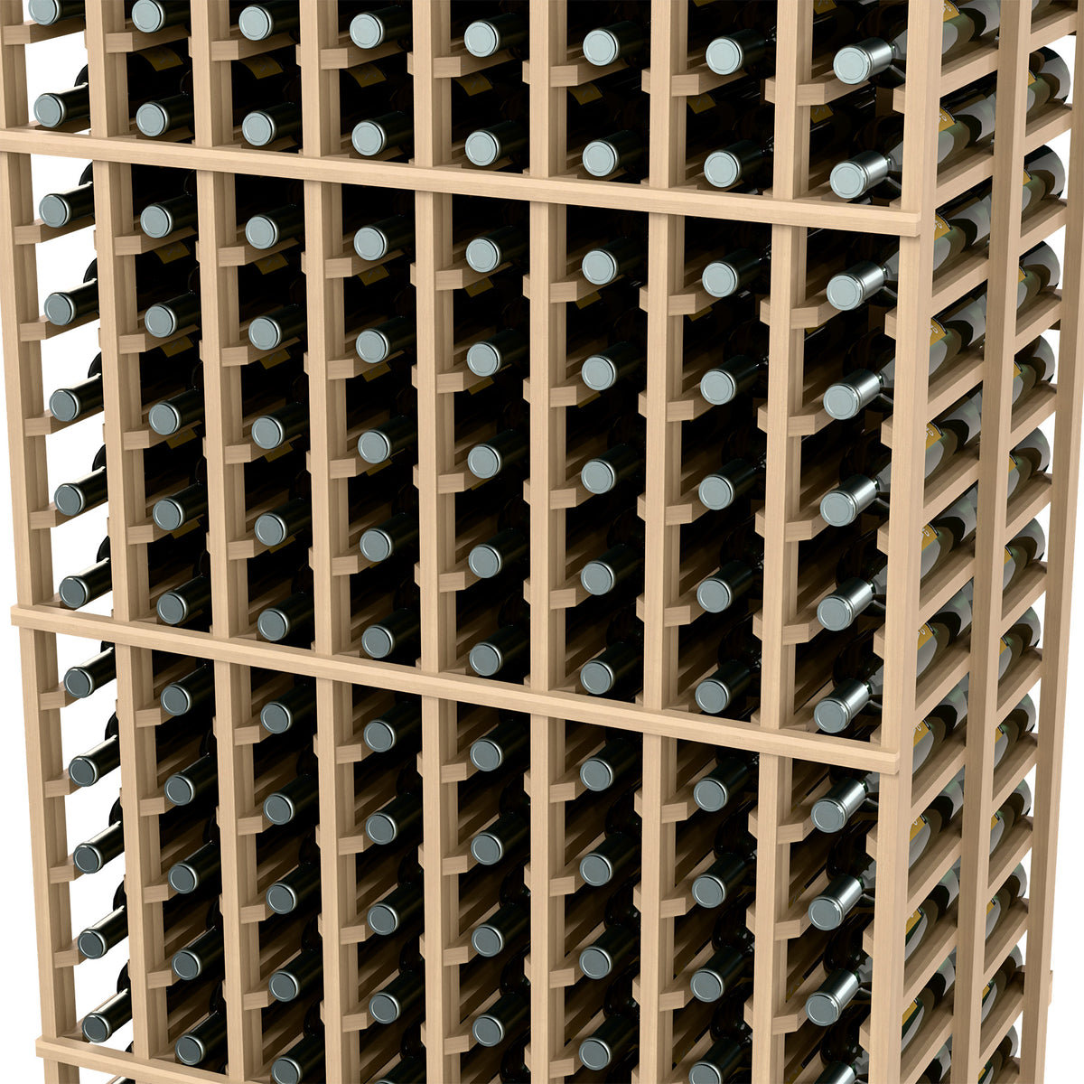 Close-up of wood wine bottle rack grid holding bottles in rows, with empty bottle necks.