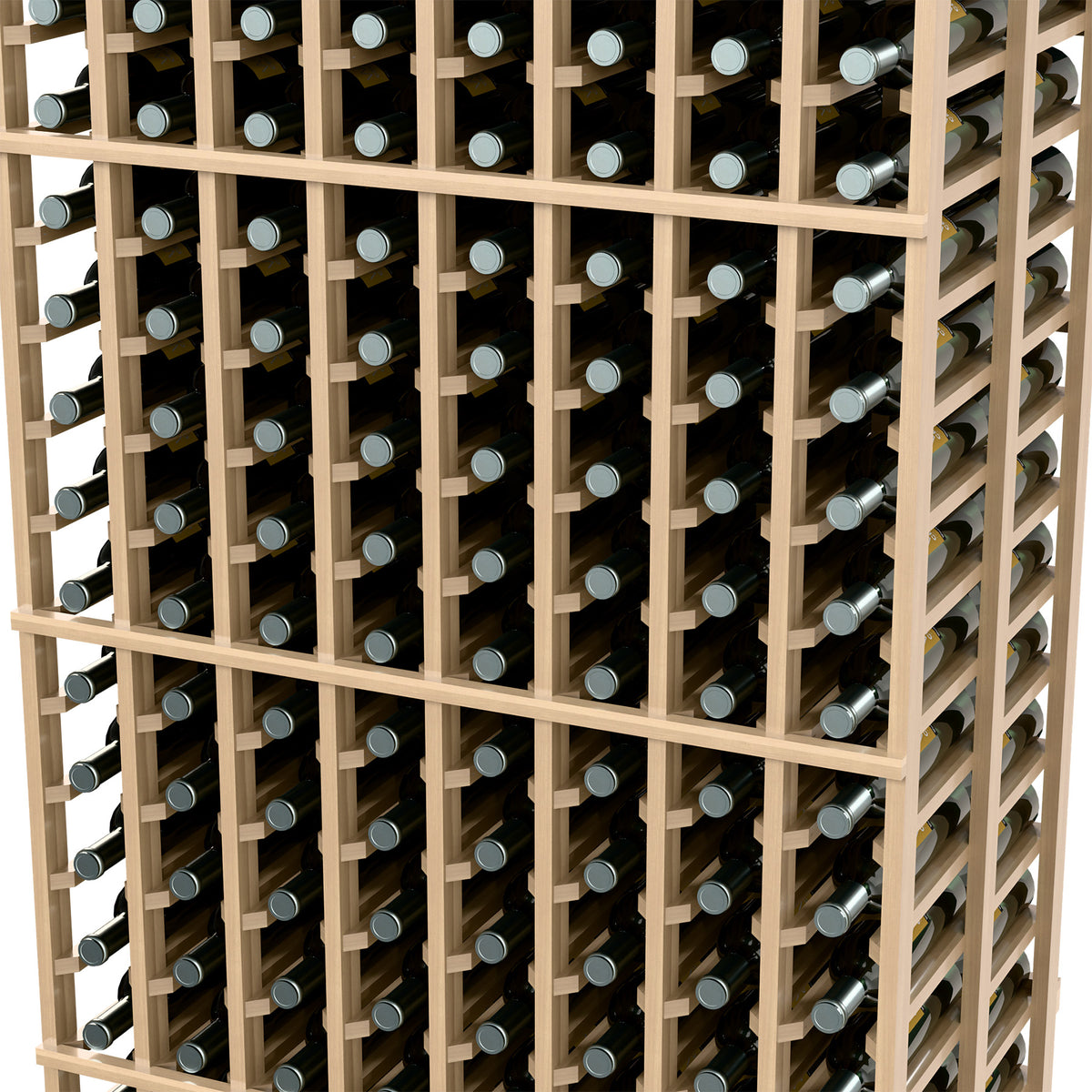 Close-up view of wood wine bottle rack cells with bottles stacked in double-deep rows.
