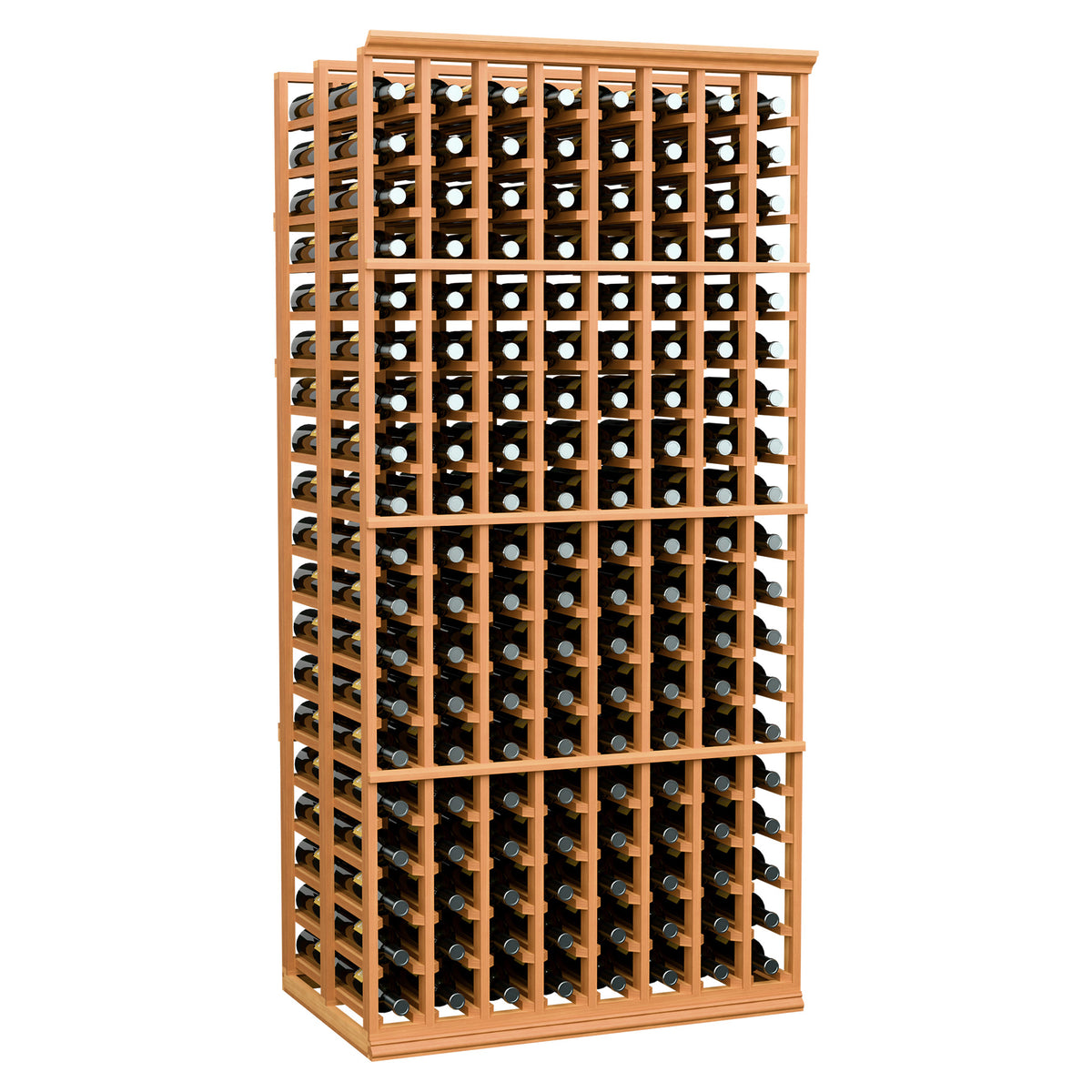 Light wood double-deep wine bottle rack with 8 columns and bottle-holder grid frame.