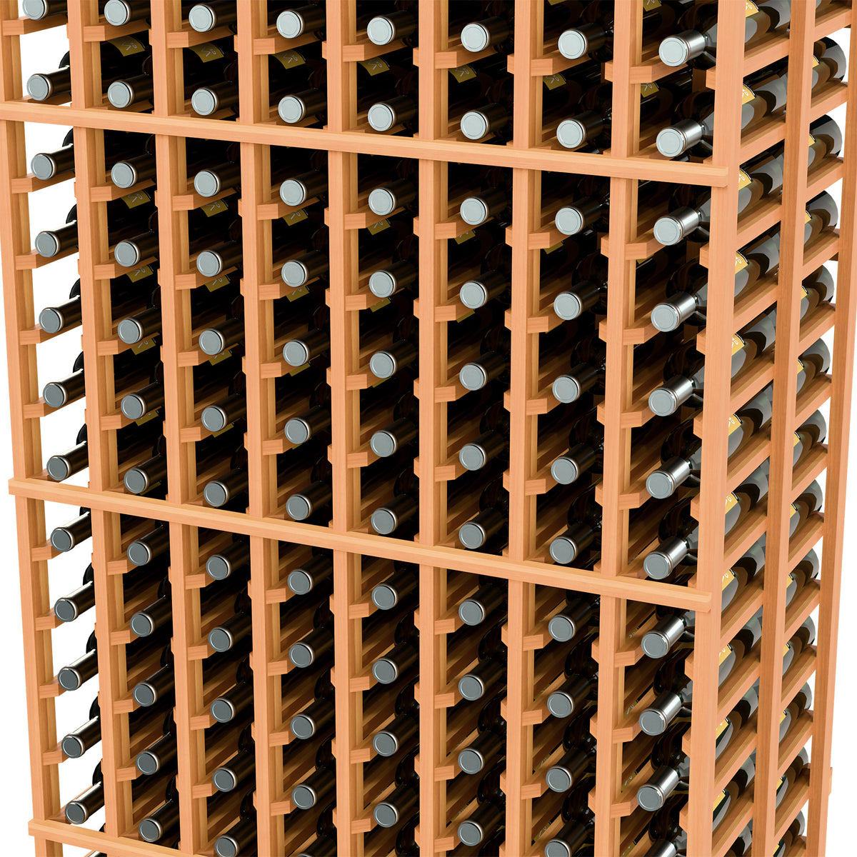 Close-up of light wood wine bottle rack with bottle holders in a double-deep grid.
